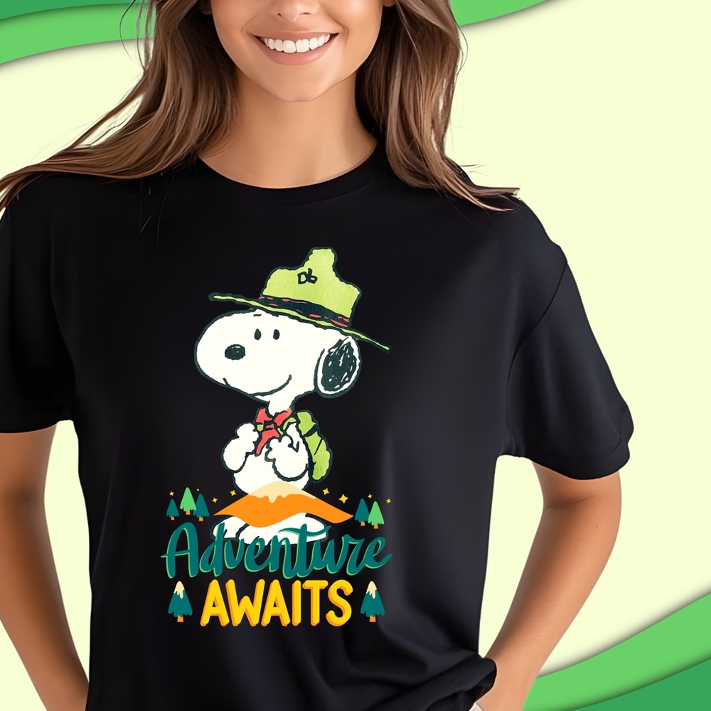 Adventure awaits hiking Snoopy shirt Boy Scout Troop Leader style T-shirt
